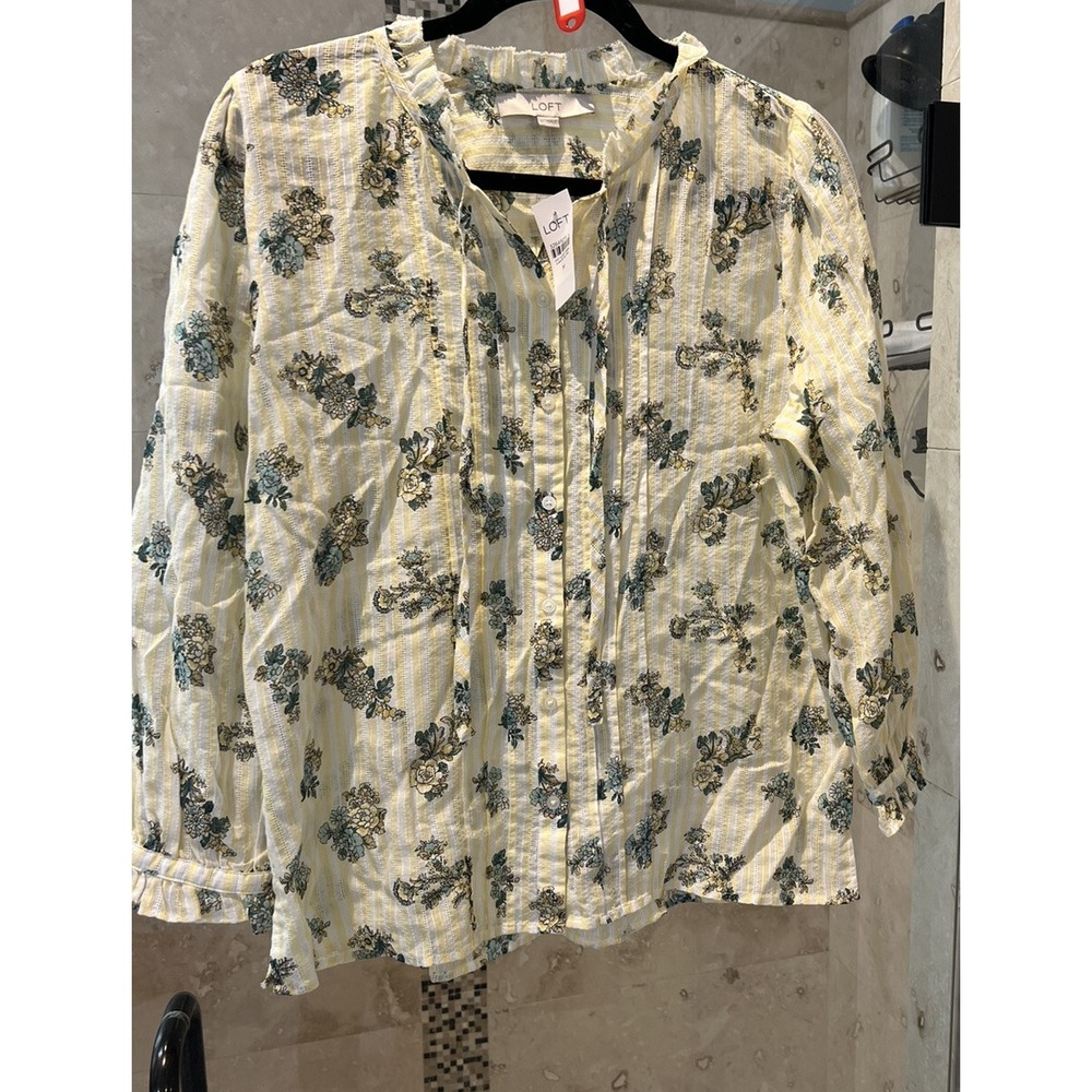 Loft Womens Blouse White Yellow Floral Long Sleeve Ruffle Neck Sheer M New Nwt